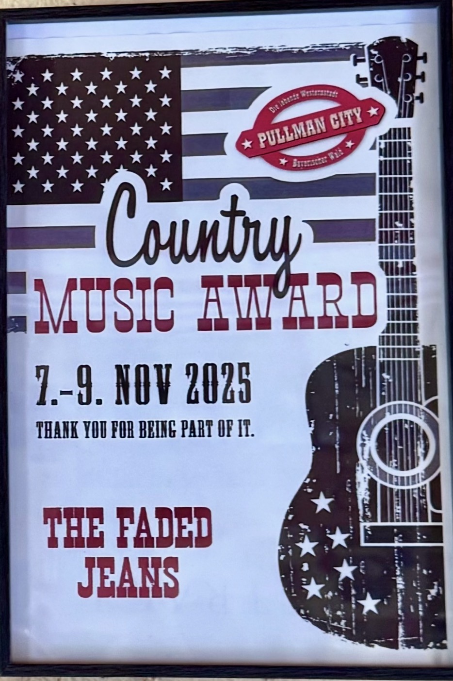Teilnahmeurkunde von The Faded Jeans bei den Country Music Awards in Pullman City 2025